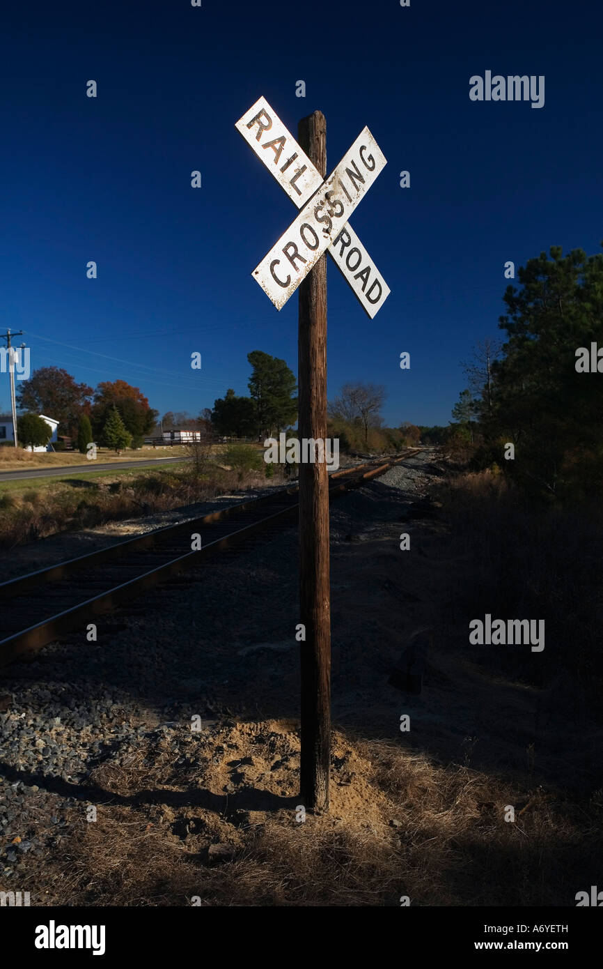 Railroad crossing signal post Stock Photo