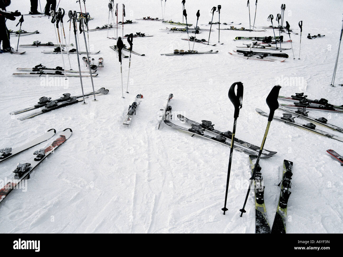 Ski equipment on the slopes at a ski resort Stock Photo