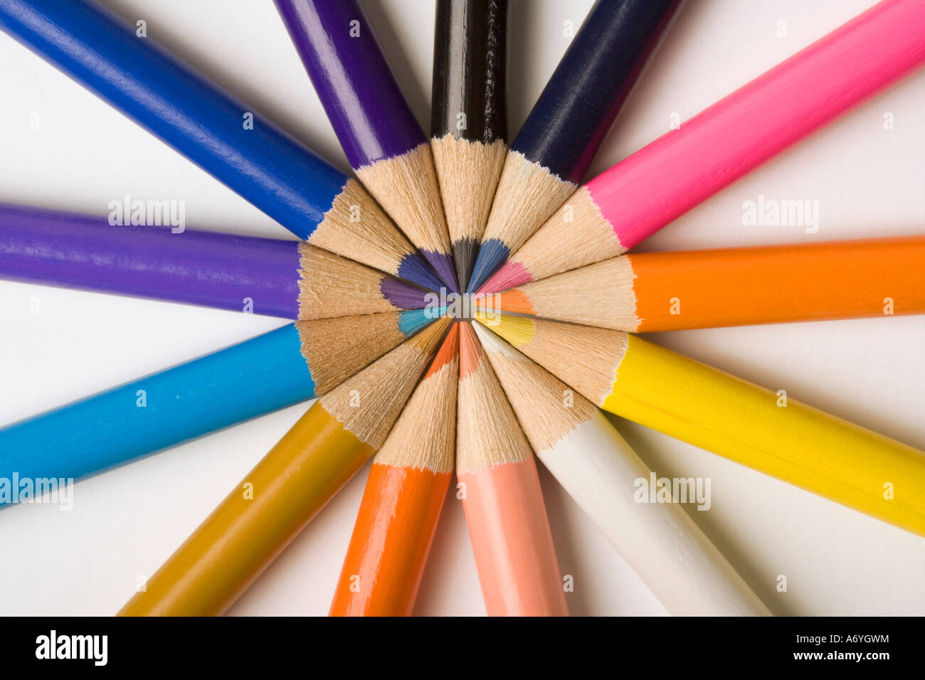 Colored pencils arranged in a circle Stock Photo