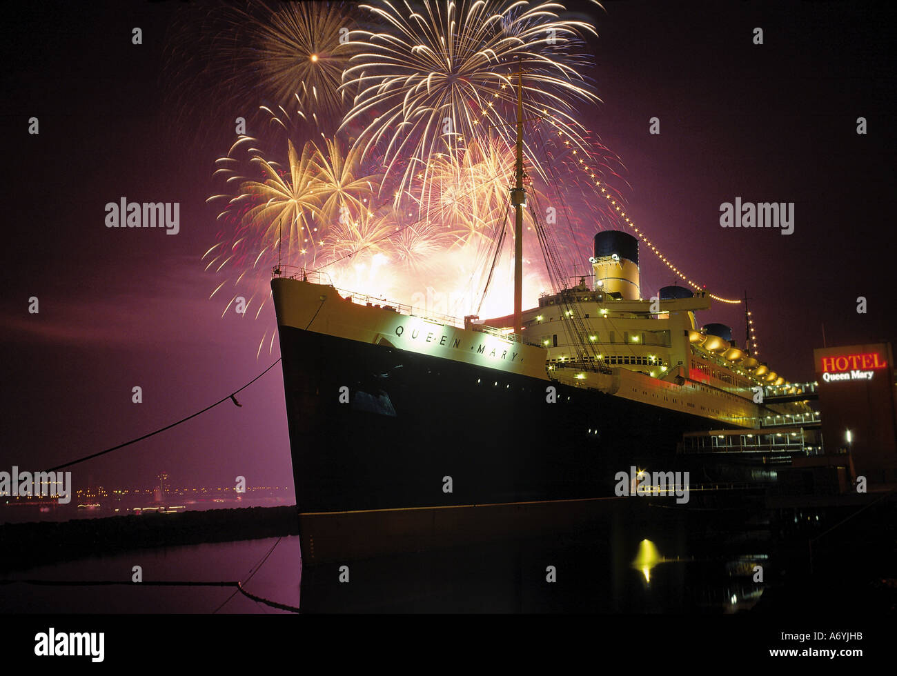 Fireworks behind the Queen Mary, permanently anchored in Long Beach