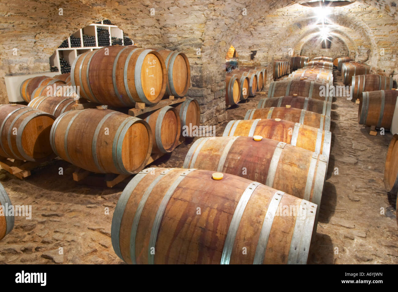Domaine Cazeneuve in Lauret. Pic St Loup. Languedoc. Barrel cellar. France. Europe. Old vaulted stone cellar. Stock Photo