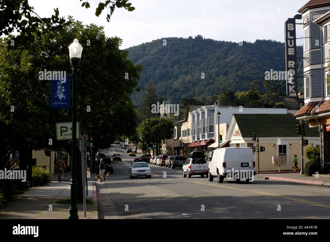 Downtown Larkspur, California with street traffic and shops Stock Photo