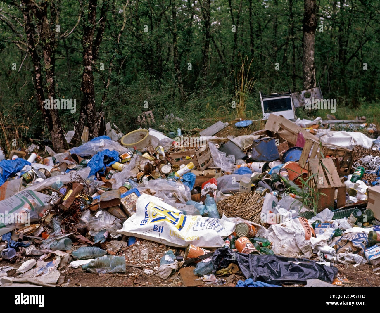 illegal waste disposal rubbish garbage trush in the nature Stock Photo
