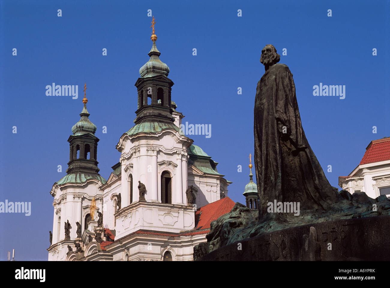 Jan Hus Monument and Church of St Nicolas Old Town Square Prague Czech Republic Europe Stock Photo