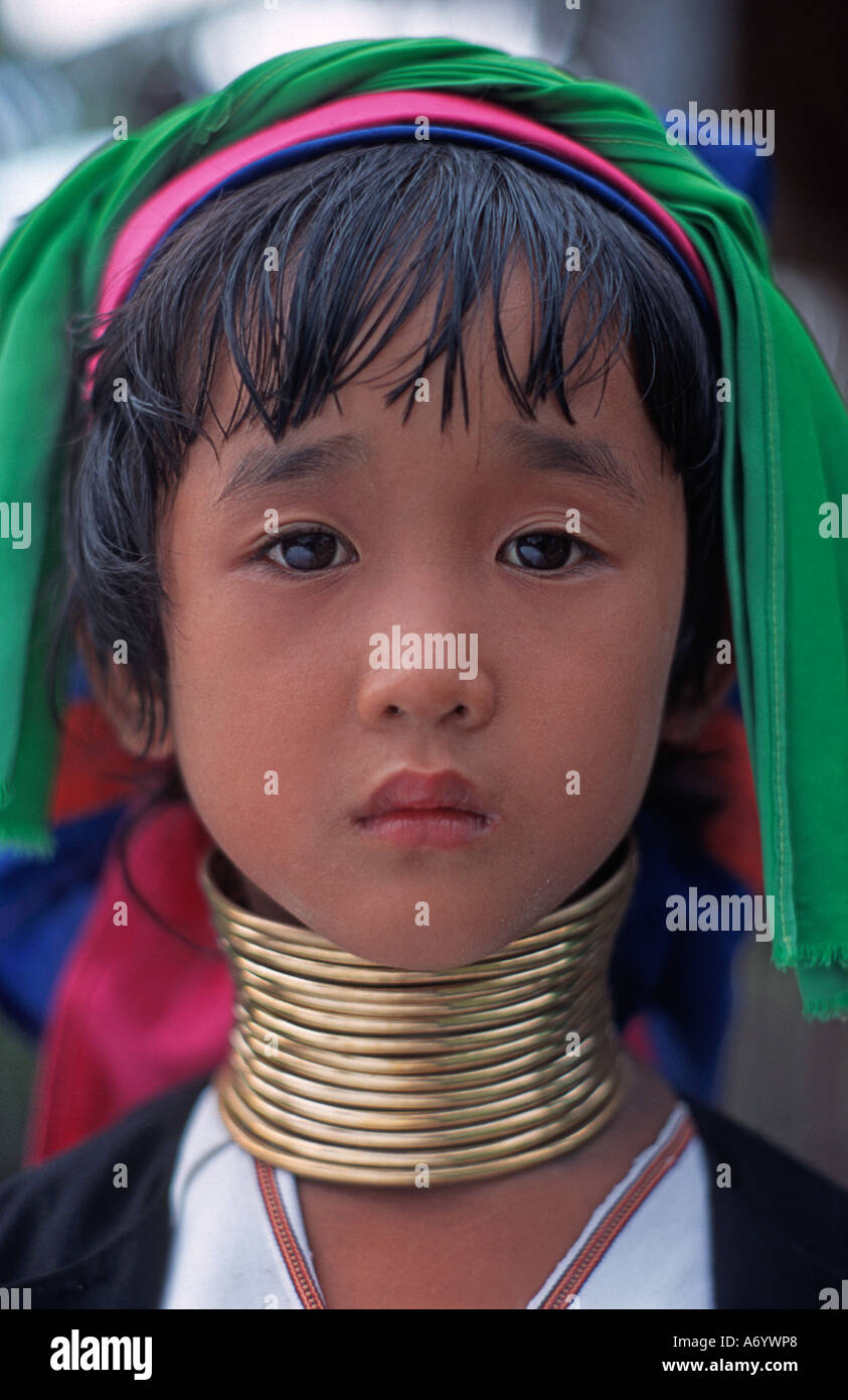 Padaung girl with distinctive brass neck rings Shan State Burma Stock