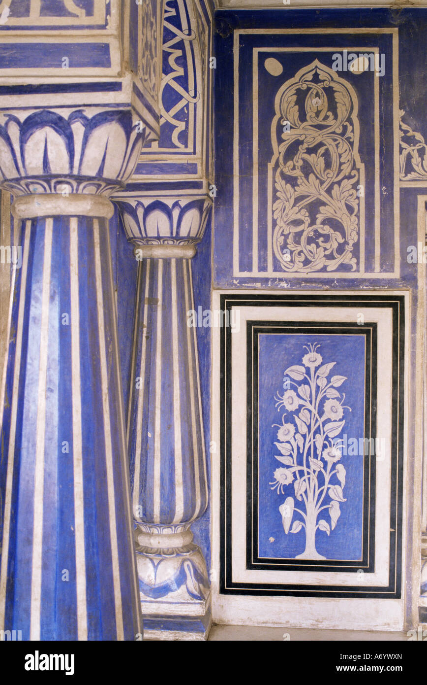 Abstract or stylized floral motif chalk blue and white painted Mahal hall The City Palace Jaipur Rajasthan state India A Stock Photo