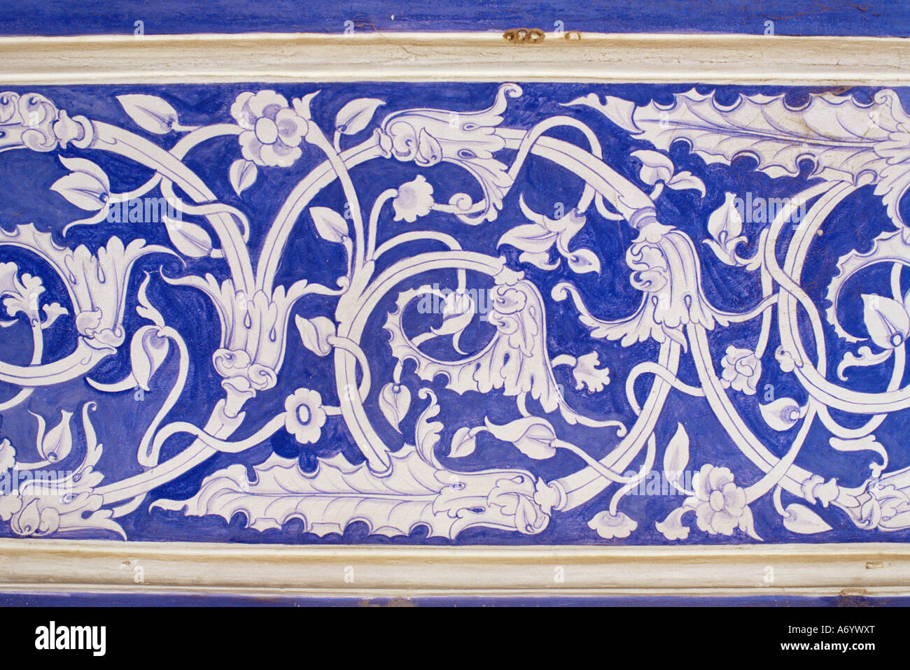 Abstract or stylized floral motif chalk blue and white painted Mahal hall The City Palace Jaipur Rajasthan state India A Stock Photo