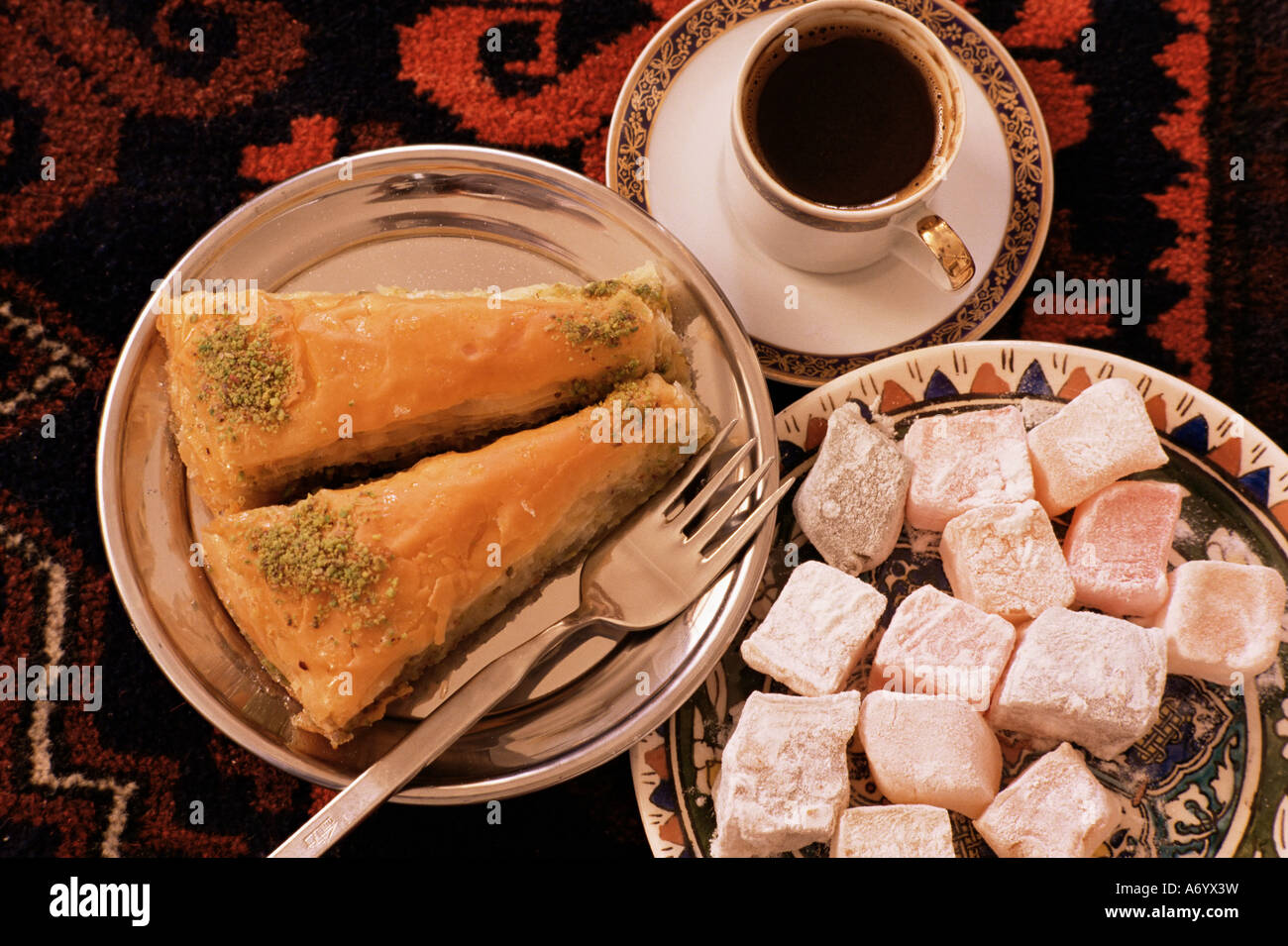 Typical Turkish desserts of baklava loukoumi Turkish delight and