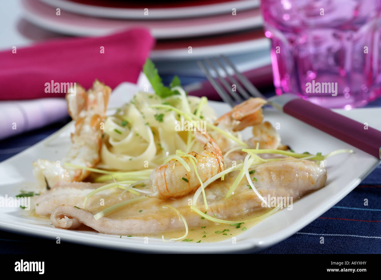Sole fish with Dublin bay prawns Stock Photo Alamy