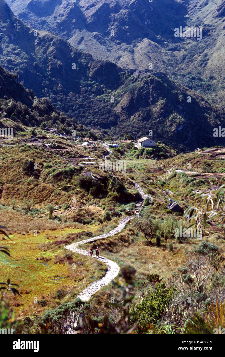 A 500 year old Inca pathway weaves sinuously away from the campsite at Chaquiqocha  Stock Photo