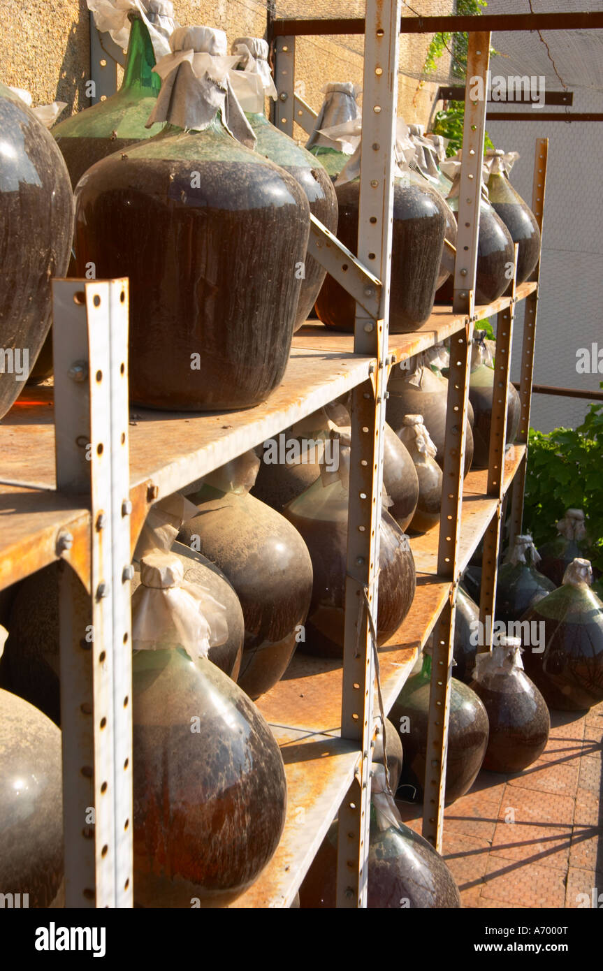 Banyuls wine aging in demijohn outside. Domaine PietriGeraud