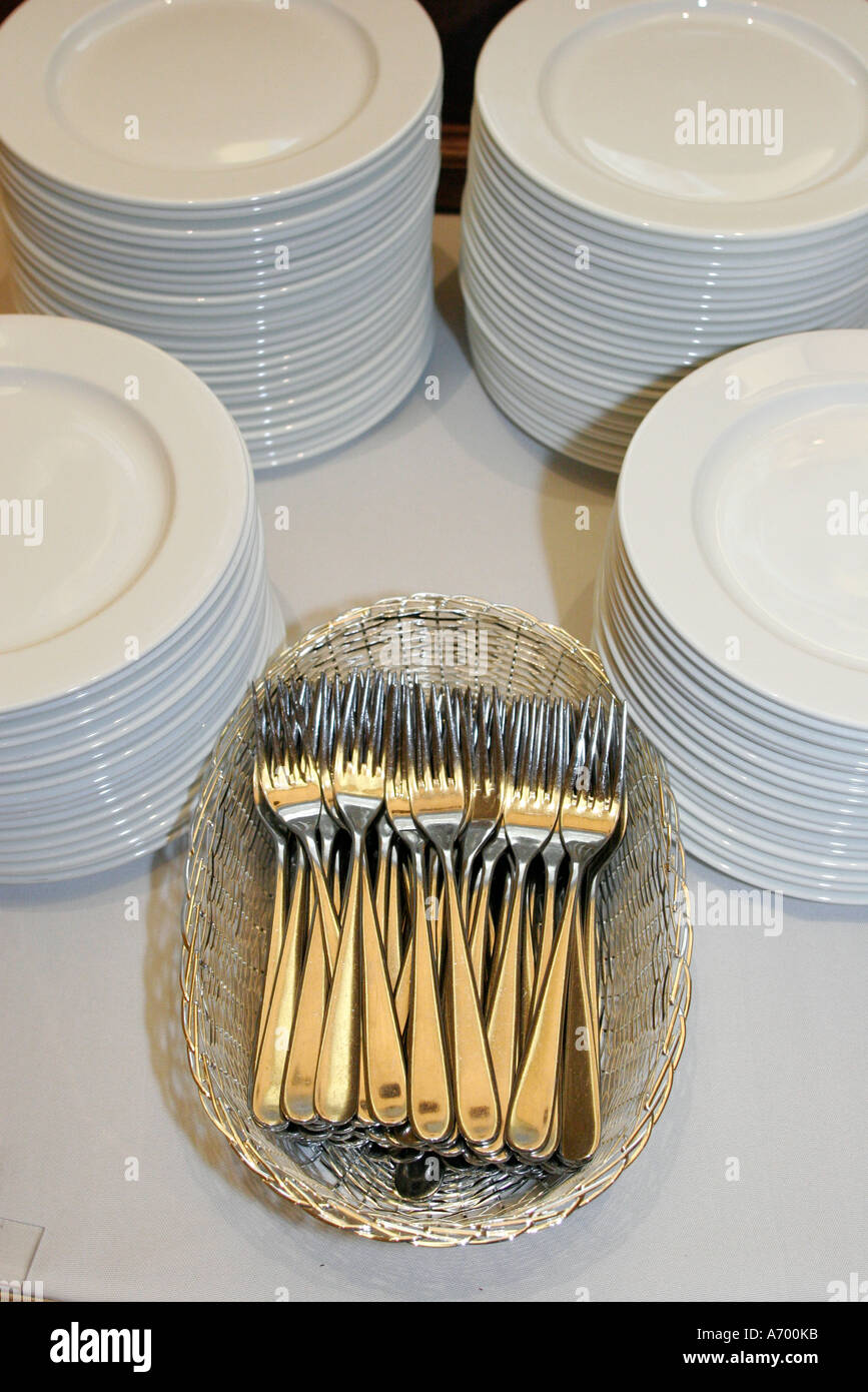 Hollywood Florida,Westin Diplomat Resort,fork,basket,plates,stacked,silverware,FL060210014 Stock Photo
