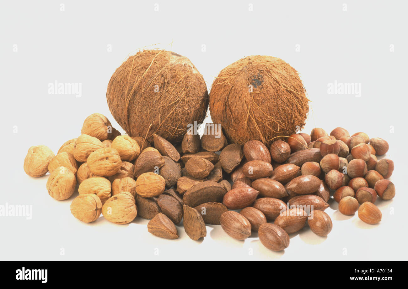 food various kinds of nuts coconuts pecan hazelnuts peanuts walnuts