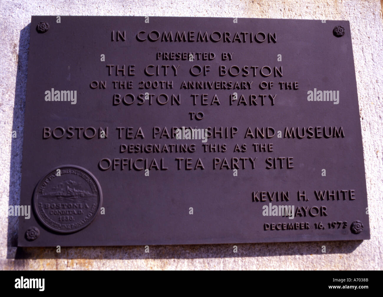 Boston teaparty comemoration plaque Boston Mass USA Stock Photo