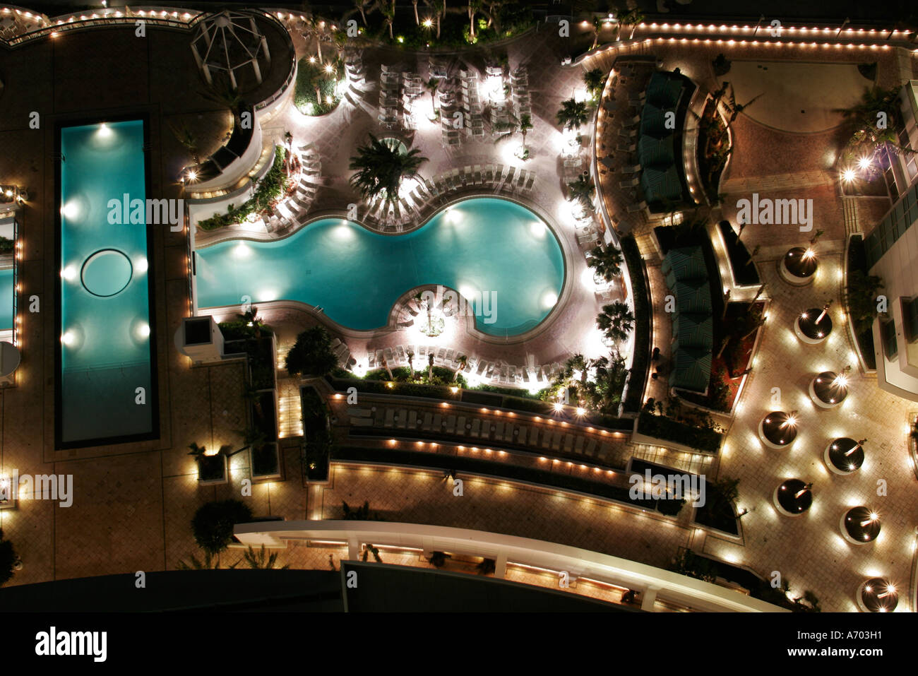 Hollywood Florida,Westin Diplomat Resort,aerial overhead view from above,view,pool deck,night evening,lights,FL060210143 Stock Photo