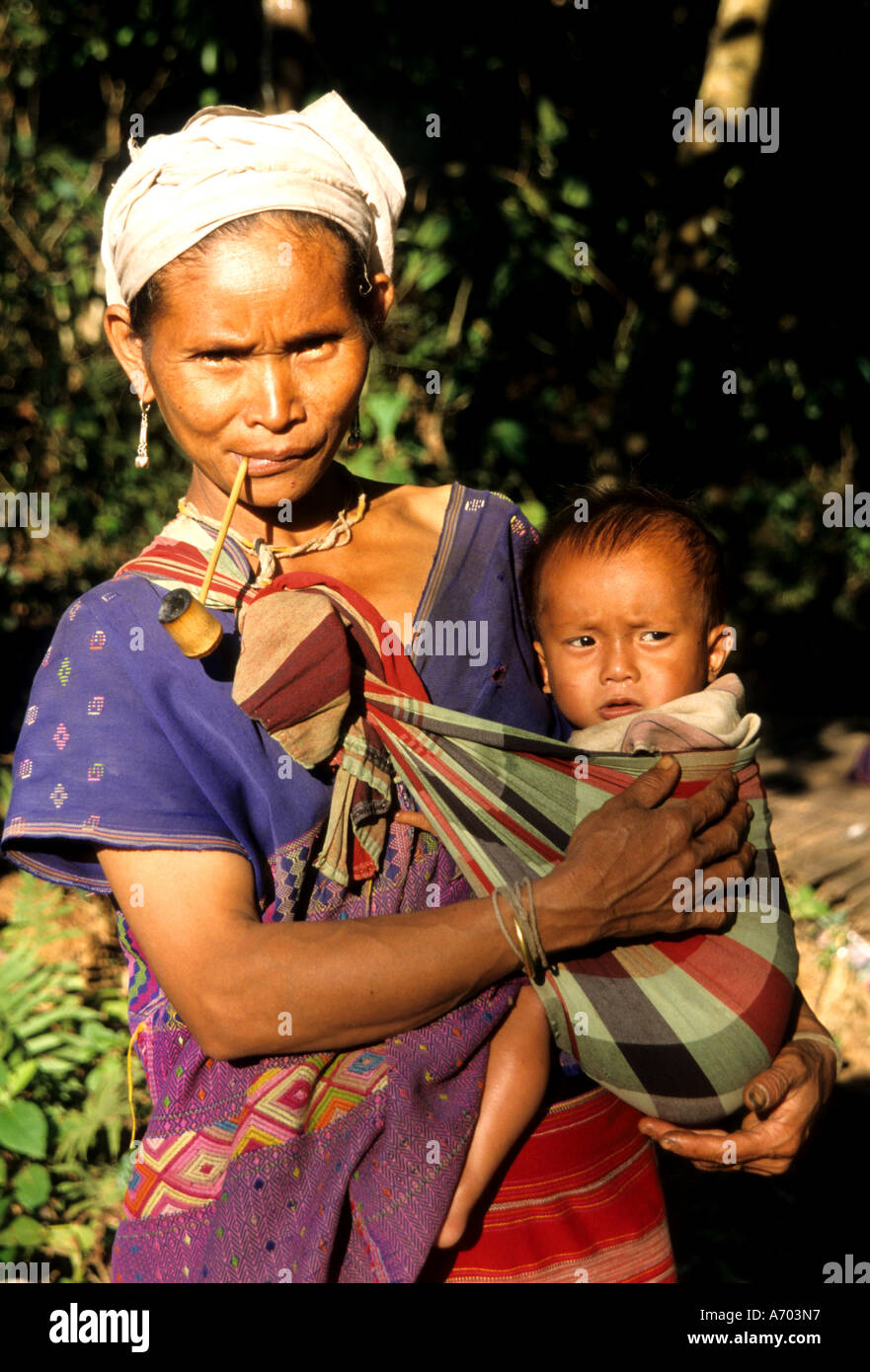 Woman pipe baby Thailand Chiang Mai hilltribe hill tribe drugs drug opium, Stock Photo