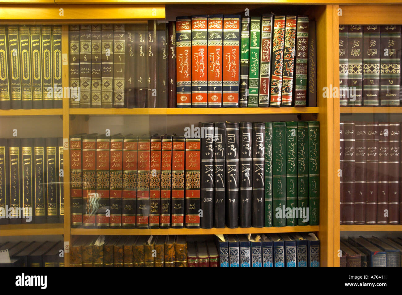 Religious books in Arabic on shelves Ahmedi s community village of