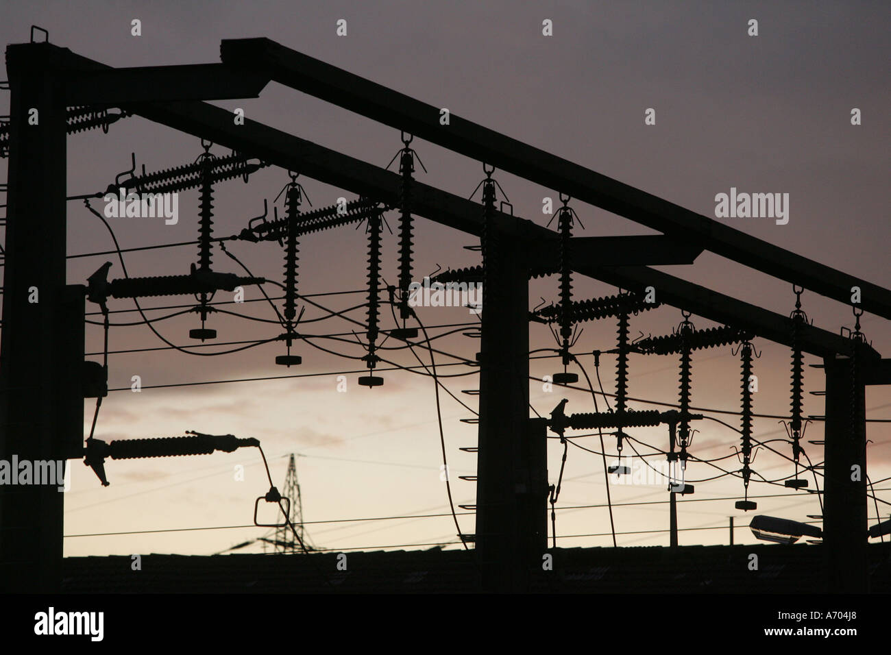 03.04.2005, DEU, Mannheim, transformer station, power supply system in the dusk Stock Photo