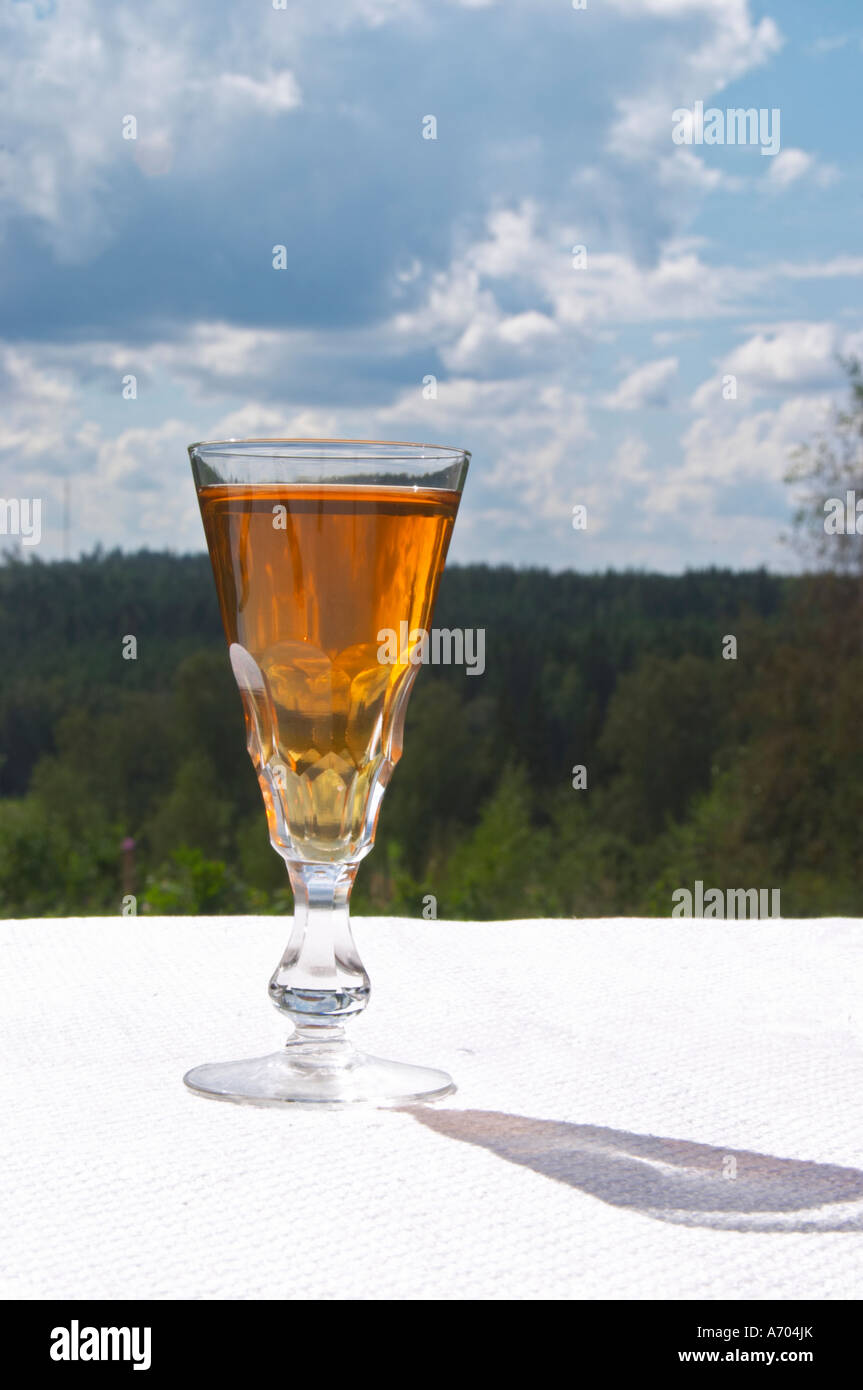 Swedish traditional aquavit schnapps glass in pointed form filled to the brim with spiced vodka, brannvin. A blue and cloudy su Stock Photo