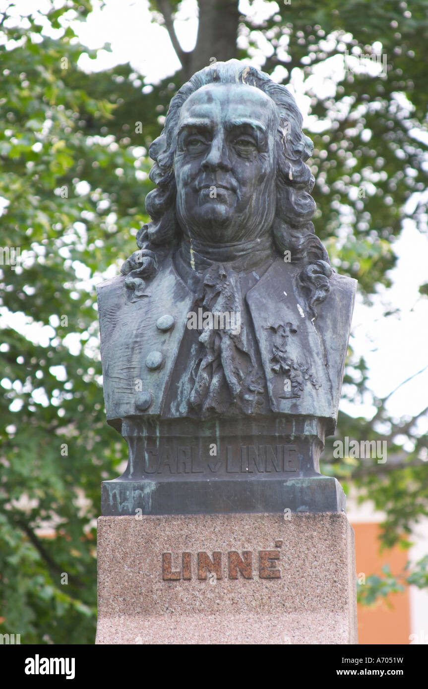 A statue of Carl von Linné Linne Carolus Linnaeus in the cathedral park. In the Linné Linne Linnaeus park. Vaxjo town. Smaland Stock Photo