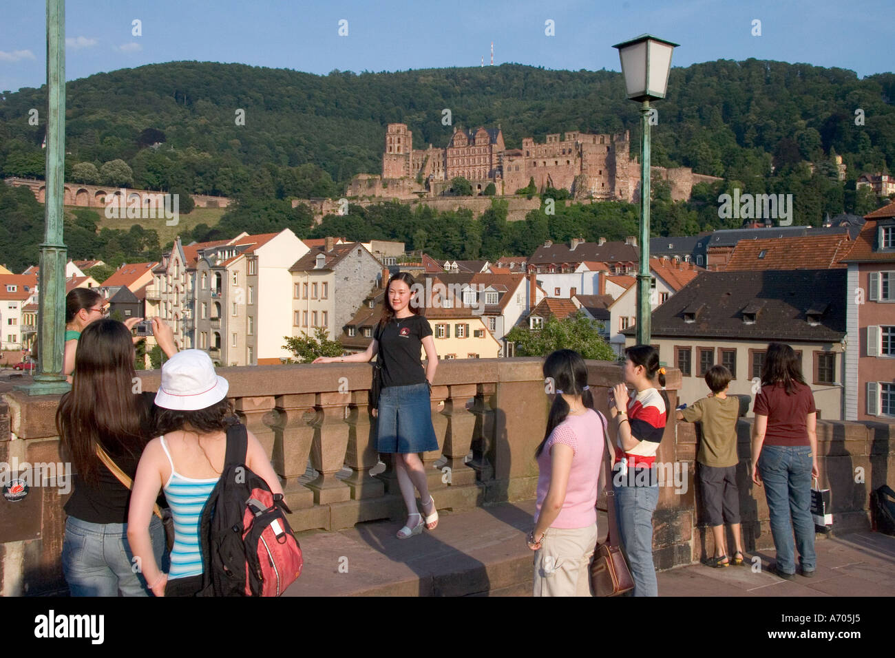 14.07.2005, Heidelberg, DEU, Japanese tourists on the Alten bridge, Heidelberg Castle Stock Photo