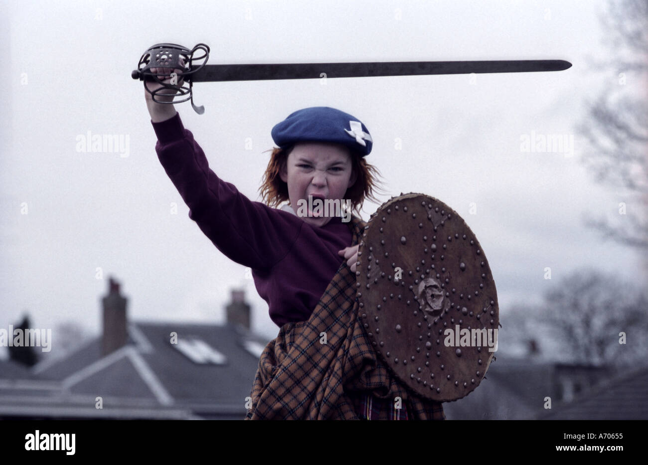 Scottish Schoolboy dresses as Braveheart Robert the Bruce during School Play Stock Photo