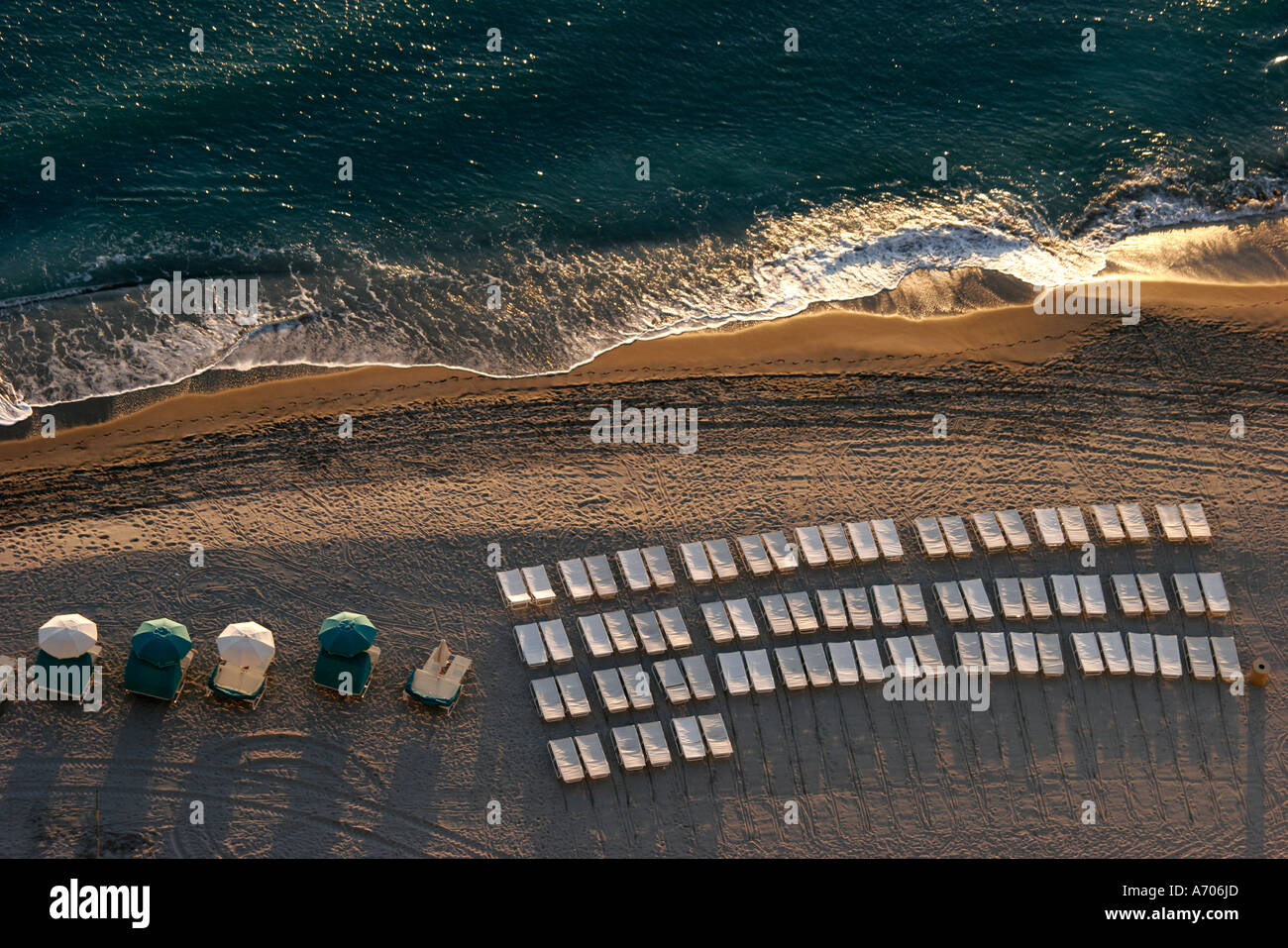 Hollywood Florida,Westin Diplomat Resort,Atlantic Ocean,water,public,beach,umbrellas,chairs,sunrise,waves,water,aerial overhead view from above,view,F Stock Photo