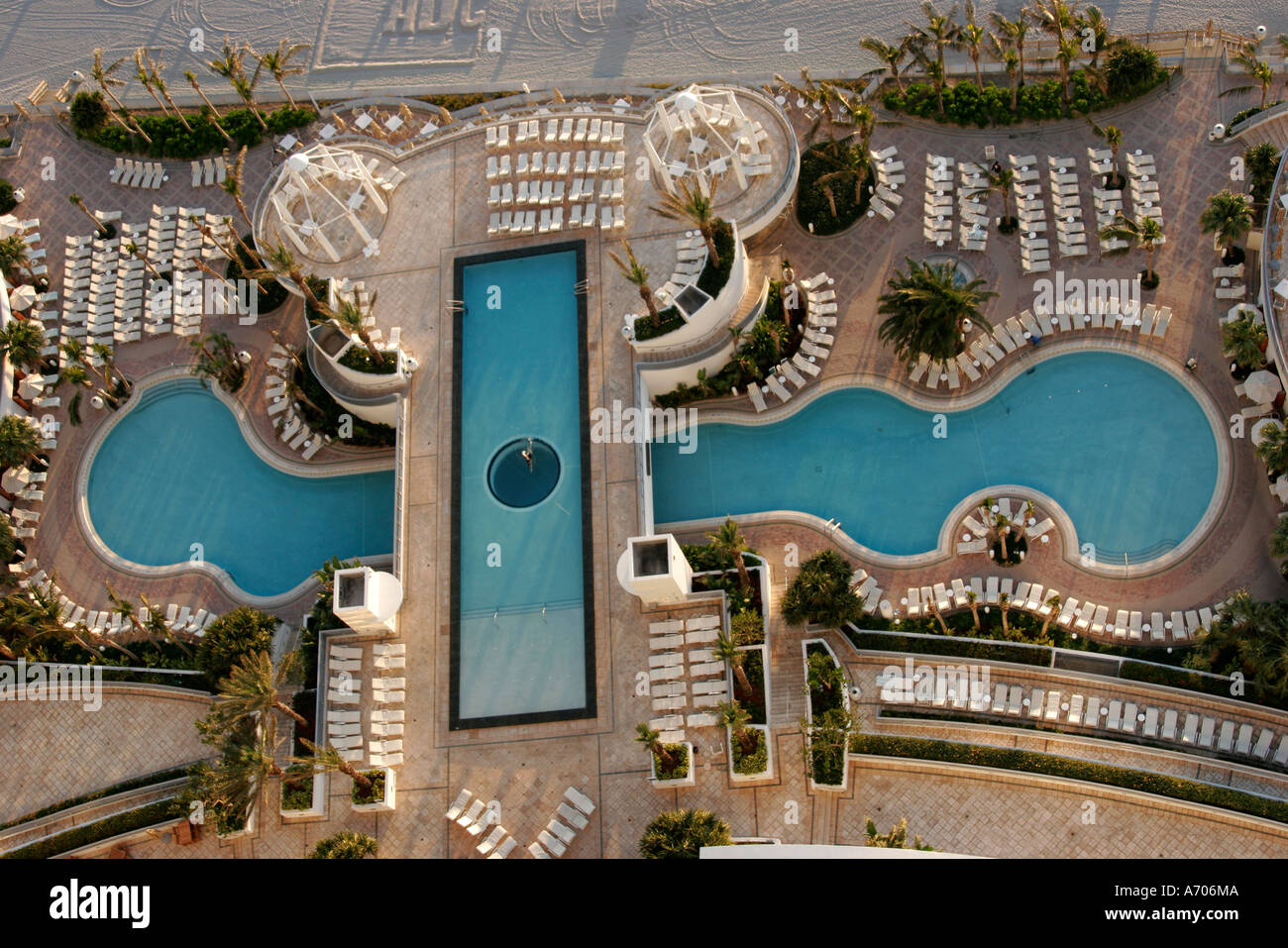 Hollywood Florida,Westin Diplomat Resort,aerial overhead view from above,view,balcony view,pool deck,lounge chairs,FL060210195 Stock Photo