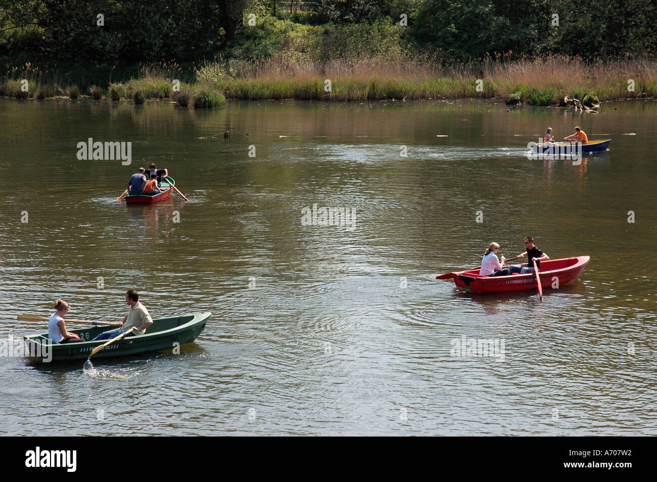 Four rowing boats with people on the Berger lake, Berger plants