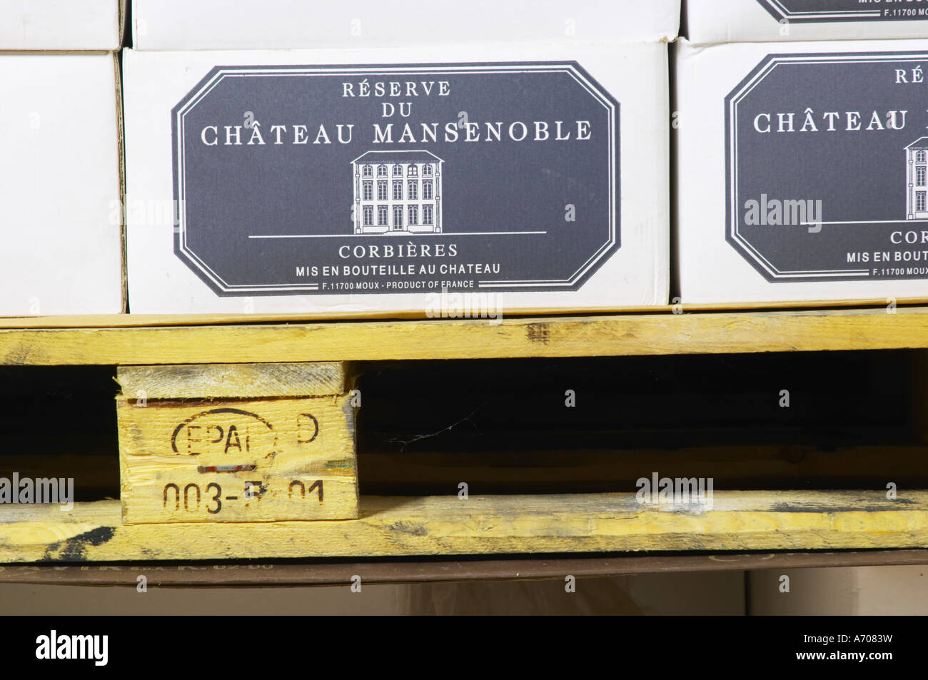 Wine case carton. Chateau Mansenoble. In Moux. Les Corbieres. Languedoc. Barrel cellar. France. Europe. Stock Photo