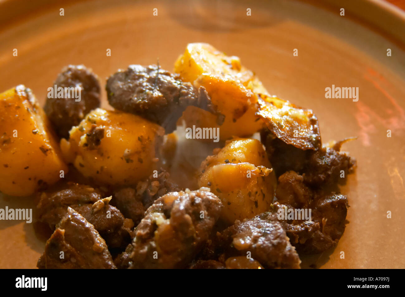 Domaine Piccinini in La Liviniere Minervois. Languedoc. Freginate de sanglier, a local typical stew made from wild boar. With potatoes. France. Europe. Stock Photo