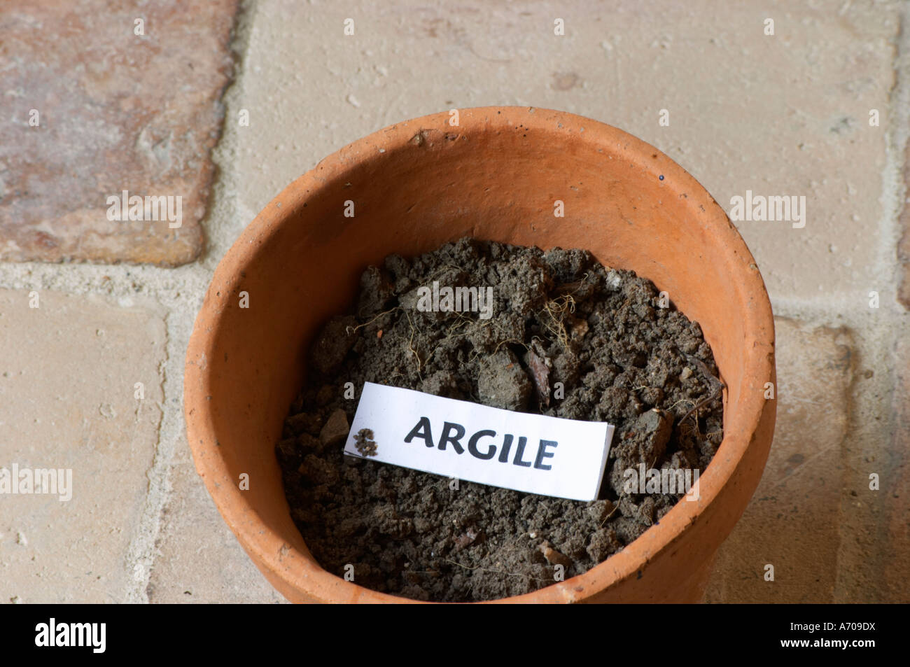 Plant pot with soil sample to illustrate different soil types, part of a series clay, argile