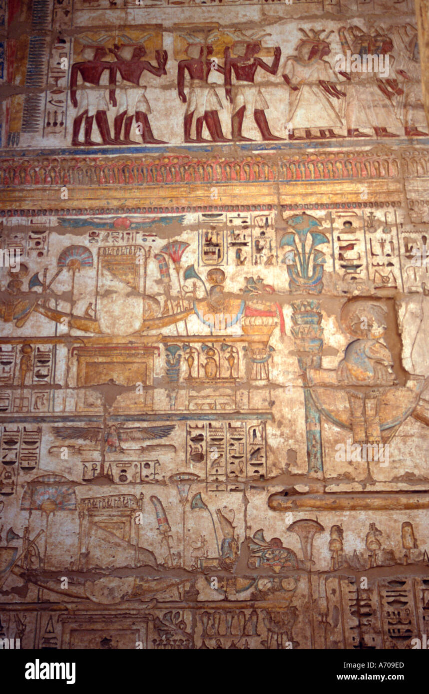 Colourful wall carvings at Madinat Habu the mortuary temple of Ramses ...