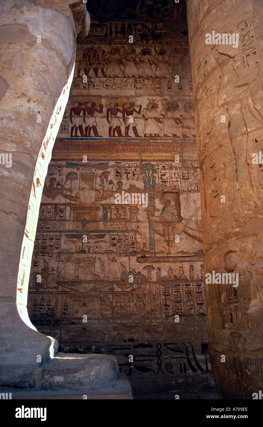 Colourful wall carvings at Madinat Habu the mortuary temple of Ramses ...