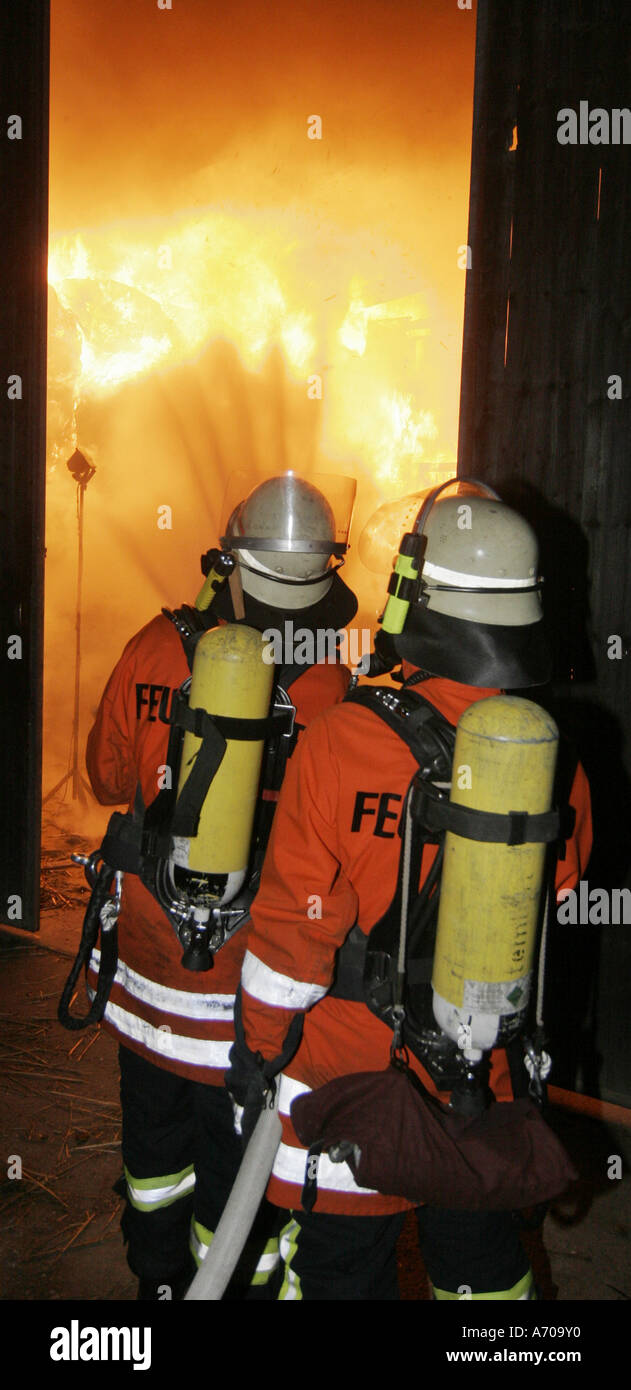 Conflagration fire brigade fighting conflagration fire Großsachsen ...