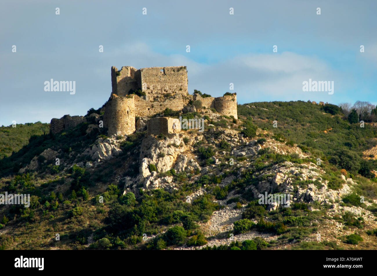 The Chateau d’Aguilar Cathar hilltop fortress dating from the 11th and 12th century on the border to Corbieres. Fitou. Languedoc. The ruins of a chateau fortress. France. Europe. Stock Photo