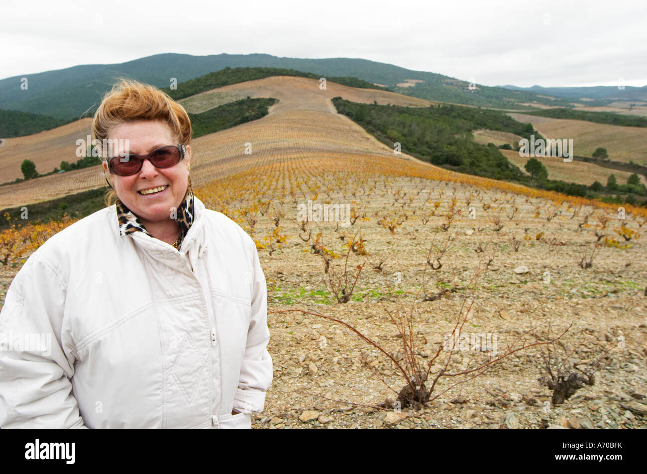 Marie-José Lahore-Bergez Chateau des Erles. In Villeneuve-les-Corbieres. Fitou. Languedoc. Owner winemaker. Spectacular view vi Stock Photo