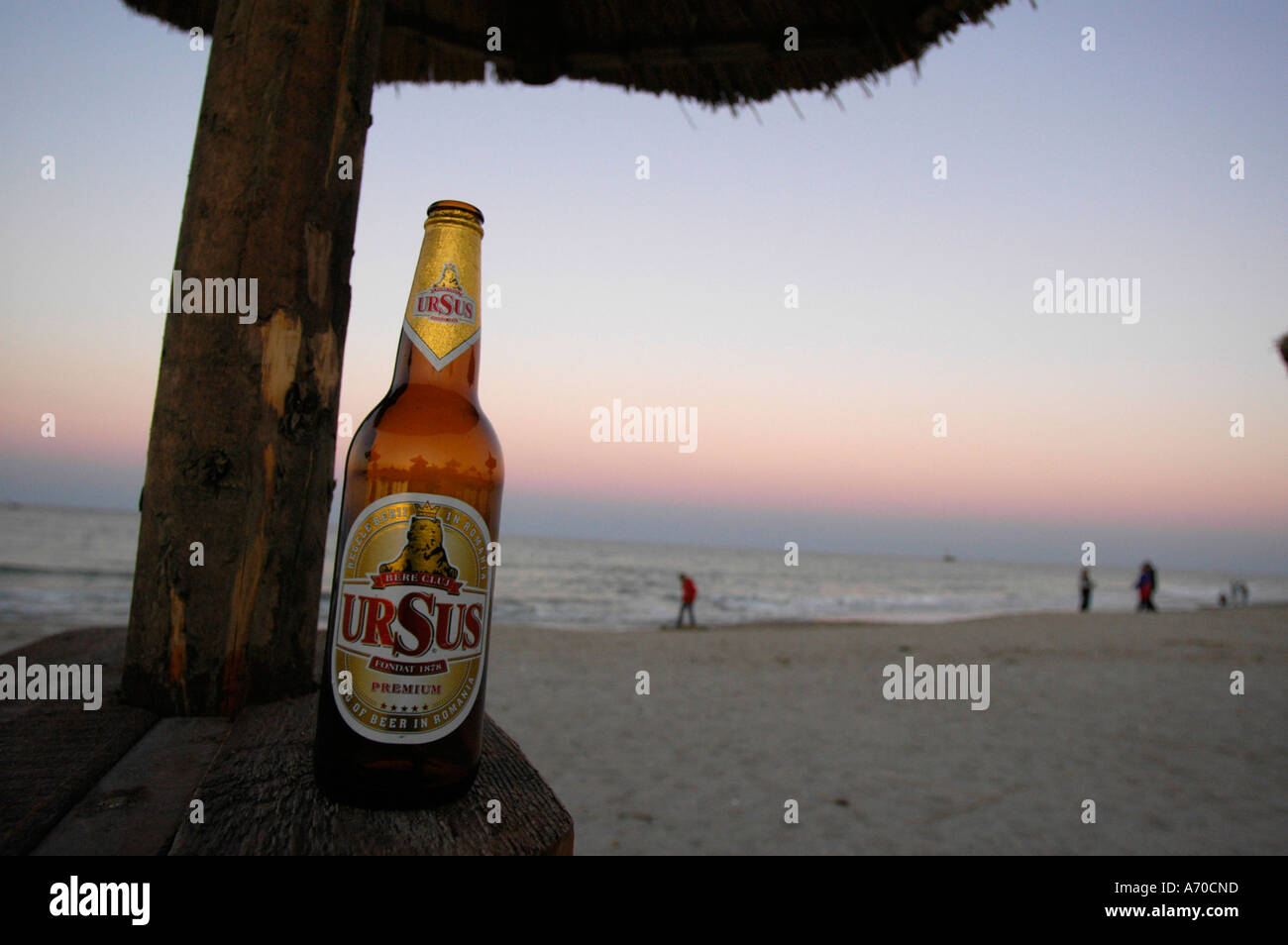 Black Sea Coast, tourist resort Vama Veche, end of saison, Romanian Ursus beer, bere, beer bottle Stock Photo