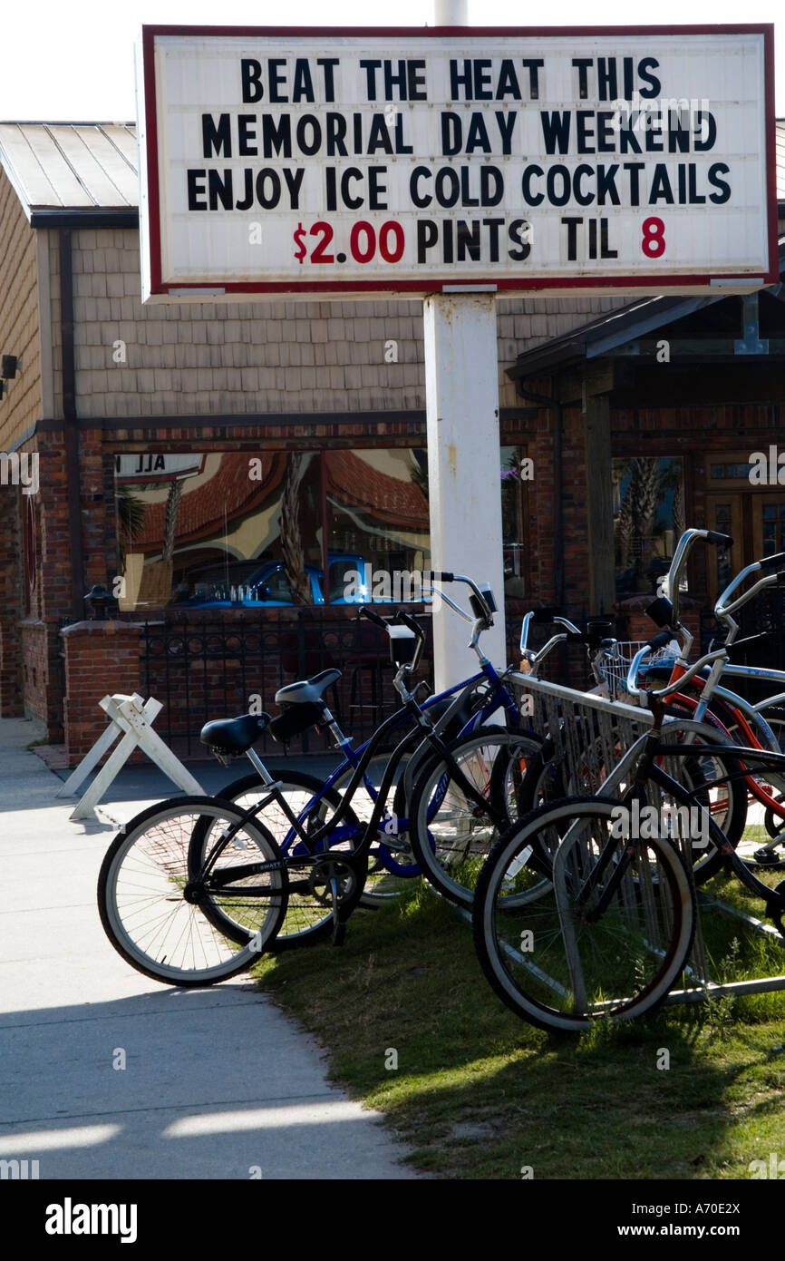 A group of bicycles parked outside a restaurant on Memorial Day, Jacksonville Beach, Florida