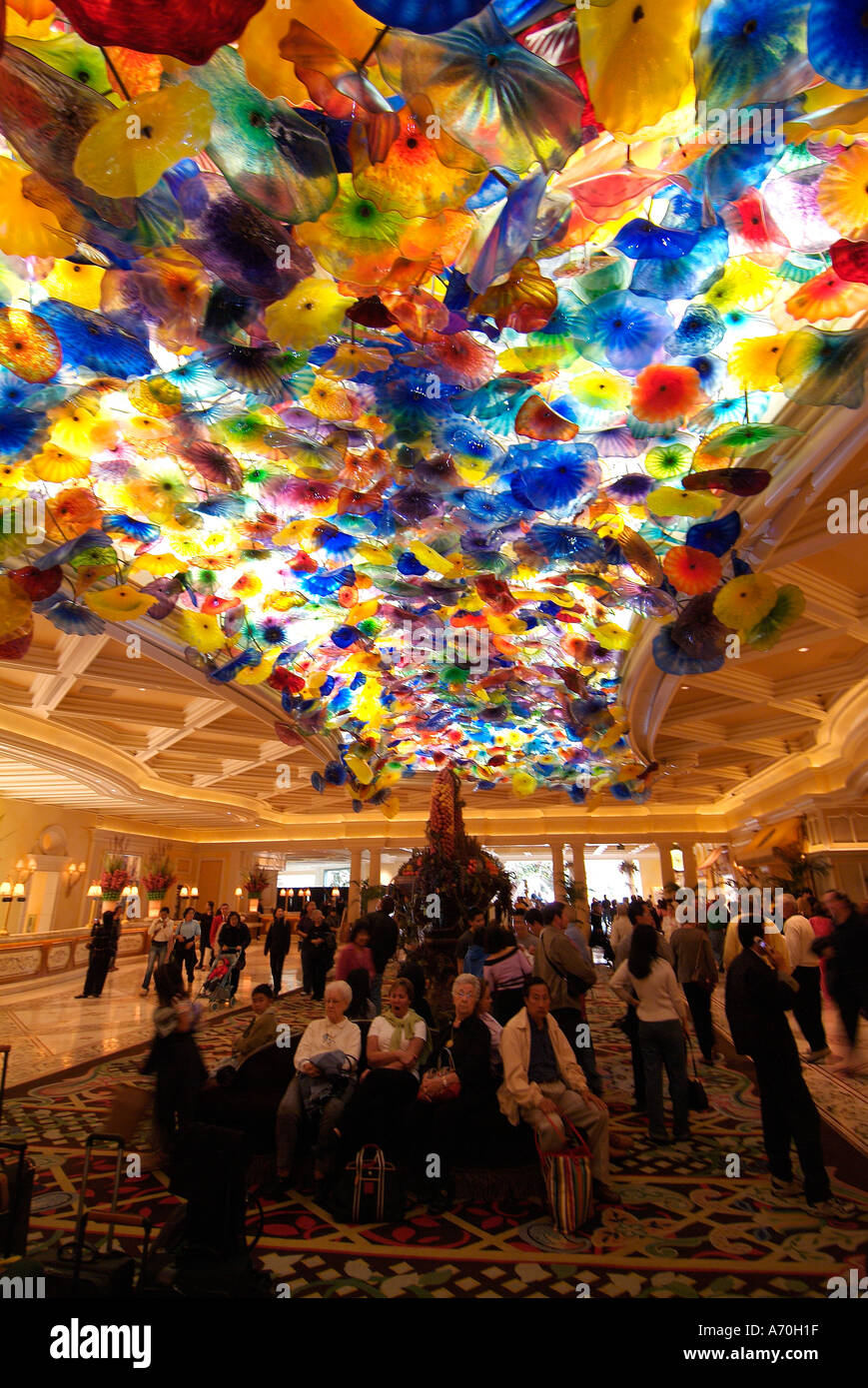 Lobby Of Bellagio In Las Vegas Glass Flower Ceiling Stock
