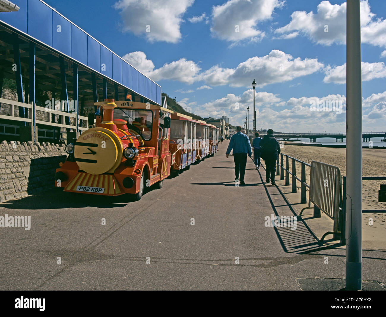 BOURNEMOUTH DORSET UK April The West Beach tourist train Gentrac on the