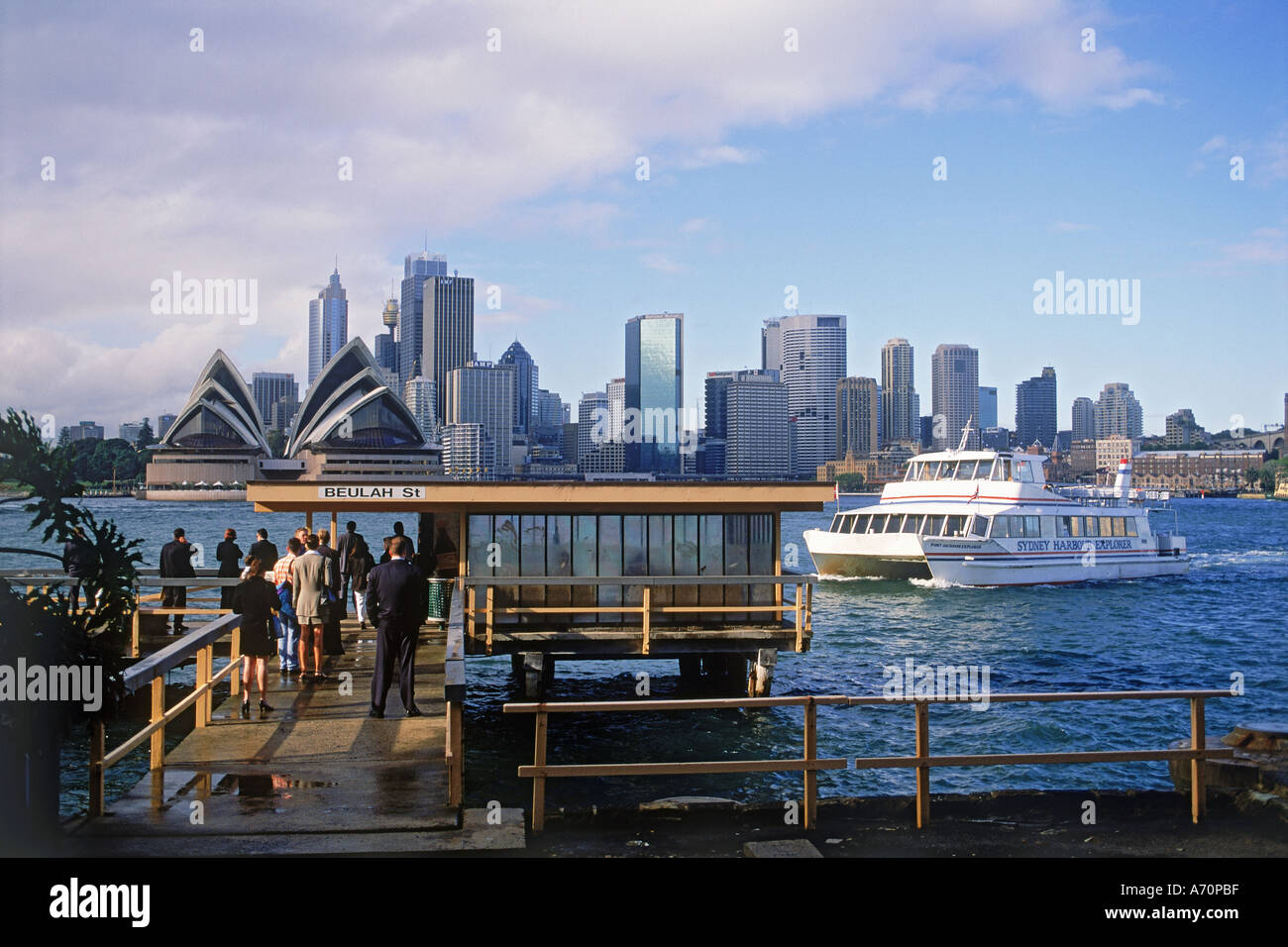 Taxi boat coming into Beulah Street wharf for morning commuters on Sydney Harbour Stock Photo