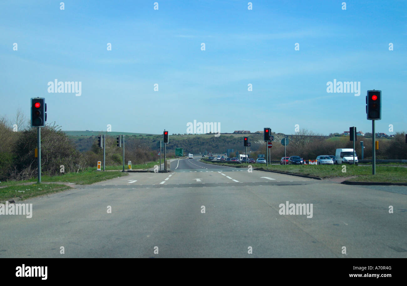 Traffic Lights on junction on dual carriageway section of A27, near Shoreham Airport, West Sussex, UK Stock Photo