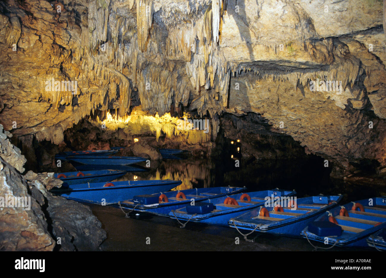 greece peloponnese mani peninsula the boats for tours of the spilia dirou inside the limestone caves Stock Photo
