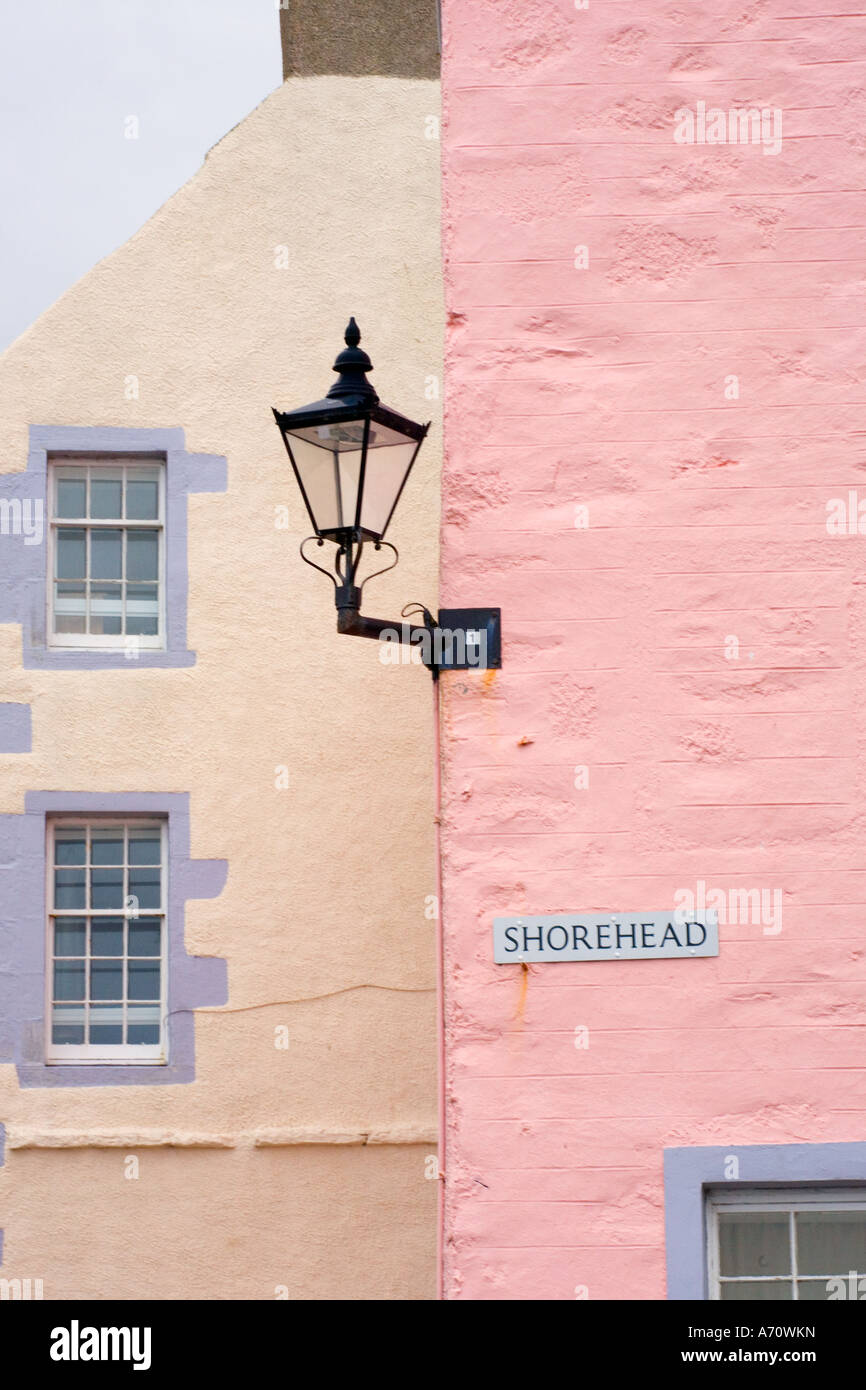 Street Lighting at Portsoy House painted pink gables and light , Shorehead Aberdeenshire