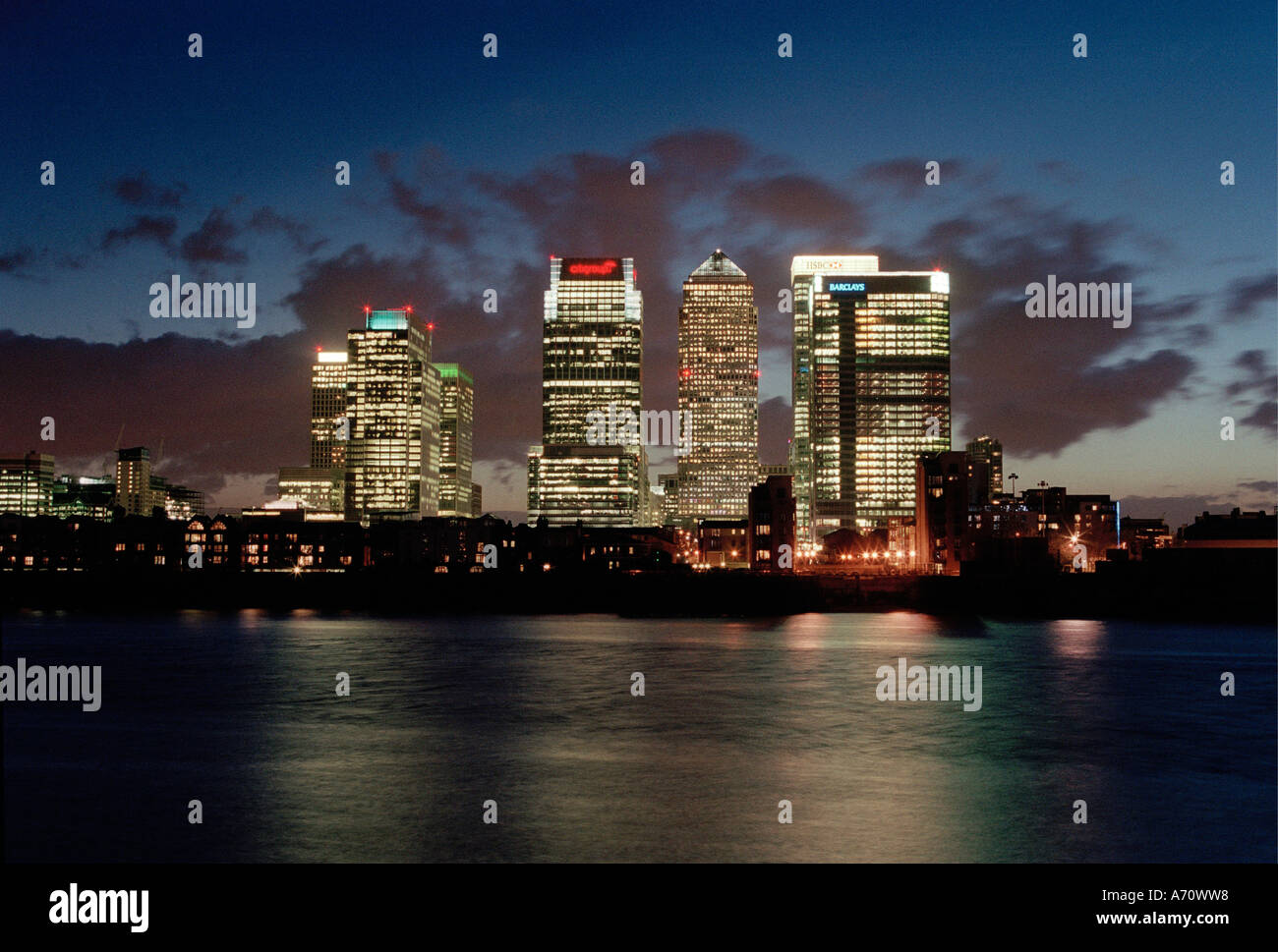 Skyscrapers of the financial district of Canary Wharf at dusk, London ...