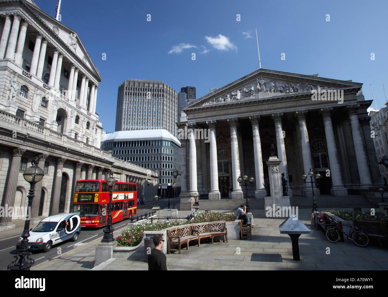 The heart of the City of London with the Bank of London left and the historical Stock Exchange building recht, London Stock Photo