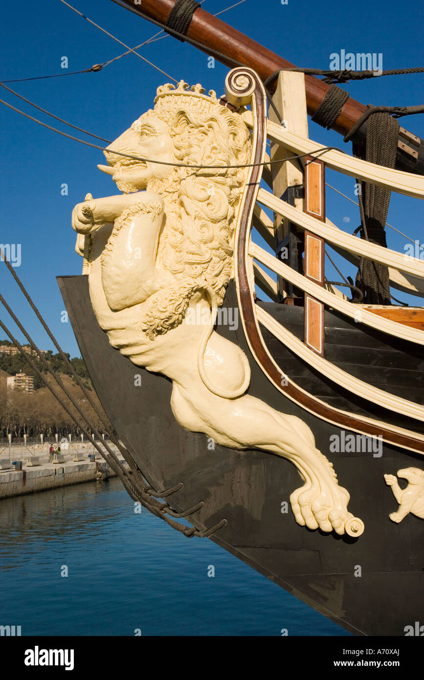 Malaga Spain Figurehead of replica of 18th century 4 decker warship Santisima Trinidad Stock Photo