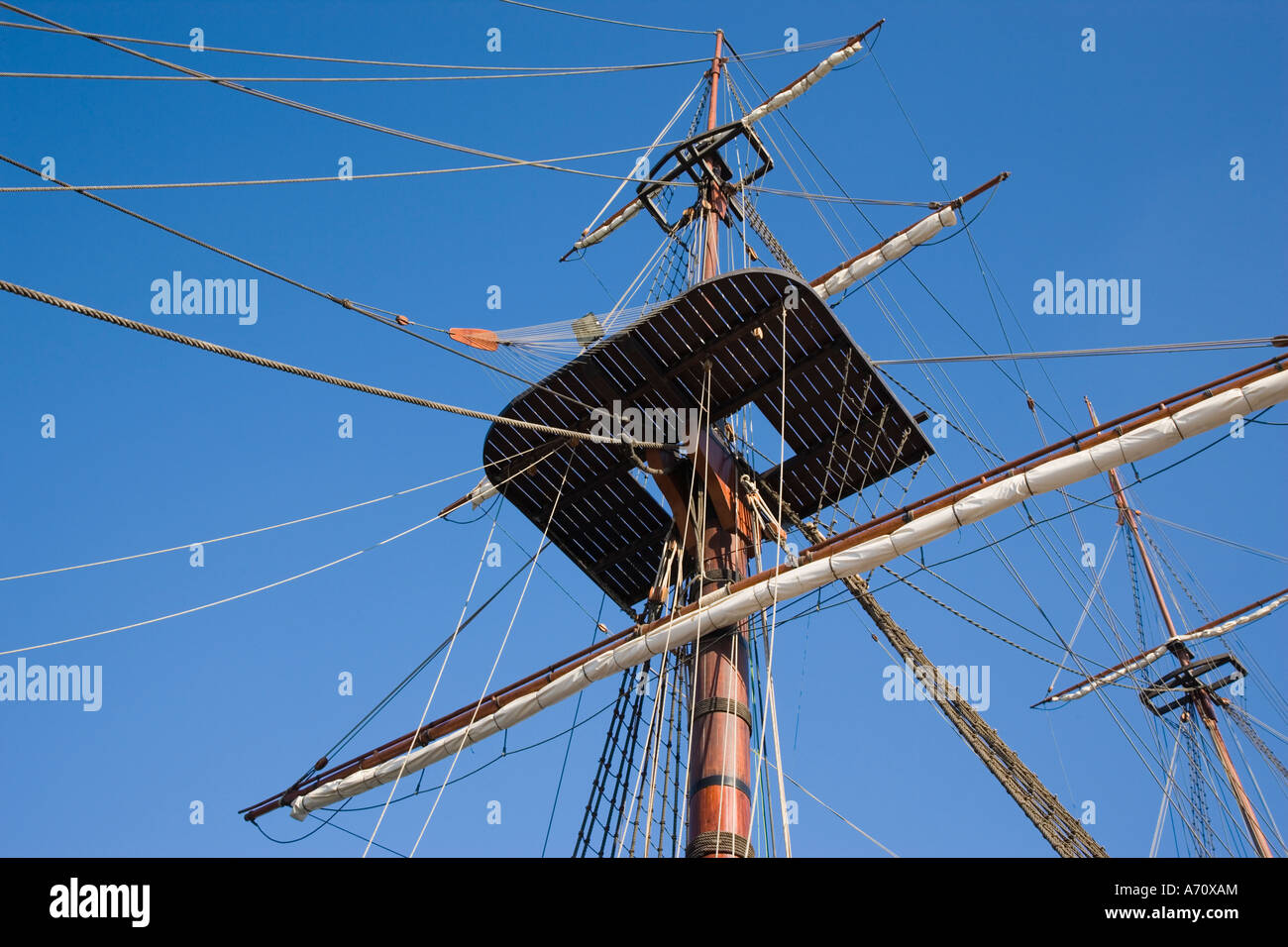 Malaga Spain Main rigging of replica of 18th century 4 decker warship Santisima Trinidad Stock Photo