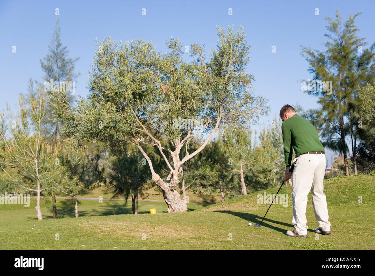 Alhaurin de la Torre Malaga Province inland Costa del Sol Spain Lauro Golf course Addressing the ball before driving from a tee Stock Photo
